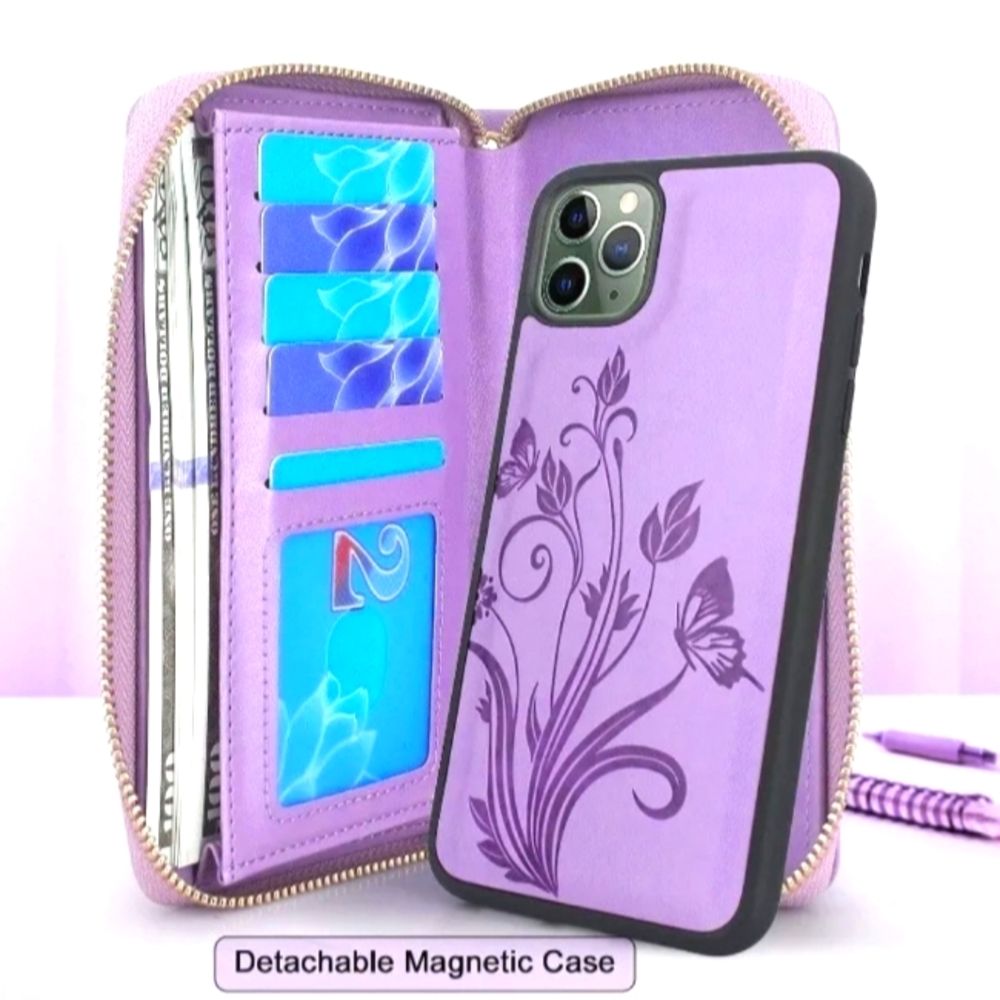 Lacass Crossbody Chain Dual Zipper Detachable Magnetic Leather Wallet (Purple)